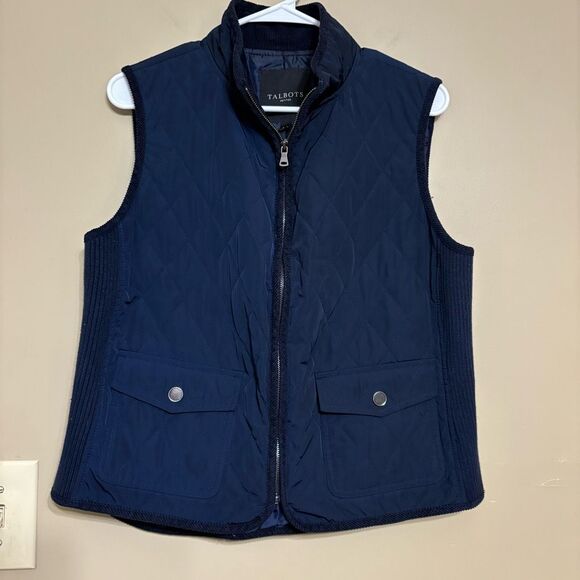 Talbots Women Navy Blue Quilted Zip Vest Corduroy Collar Petite Large - Picture 1 of 11